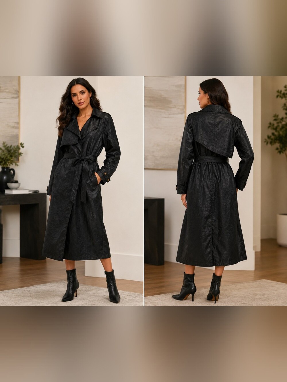 Portrait Petite Elegant Black & Gray Trench Coat with Tie Belt Size 6